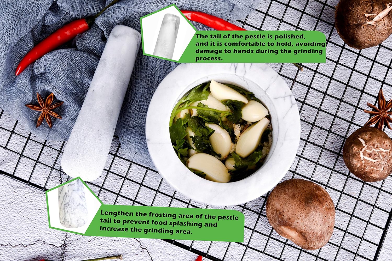 Mortar and Pestle Marble Set for Spices Pestos Seasonings Pastes Guacamole Bowl Herb Grinder Easy to Clean INCLUDED:Silicone Mat, Brush, Stainless Steel Spoon 4.33inch(Small, White Gray): Kitchen & Dining