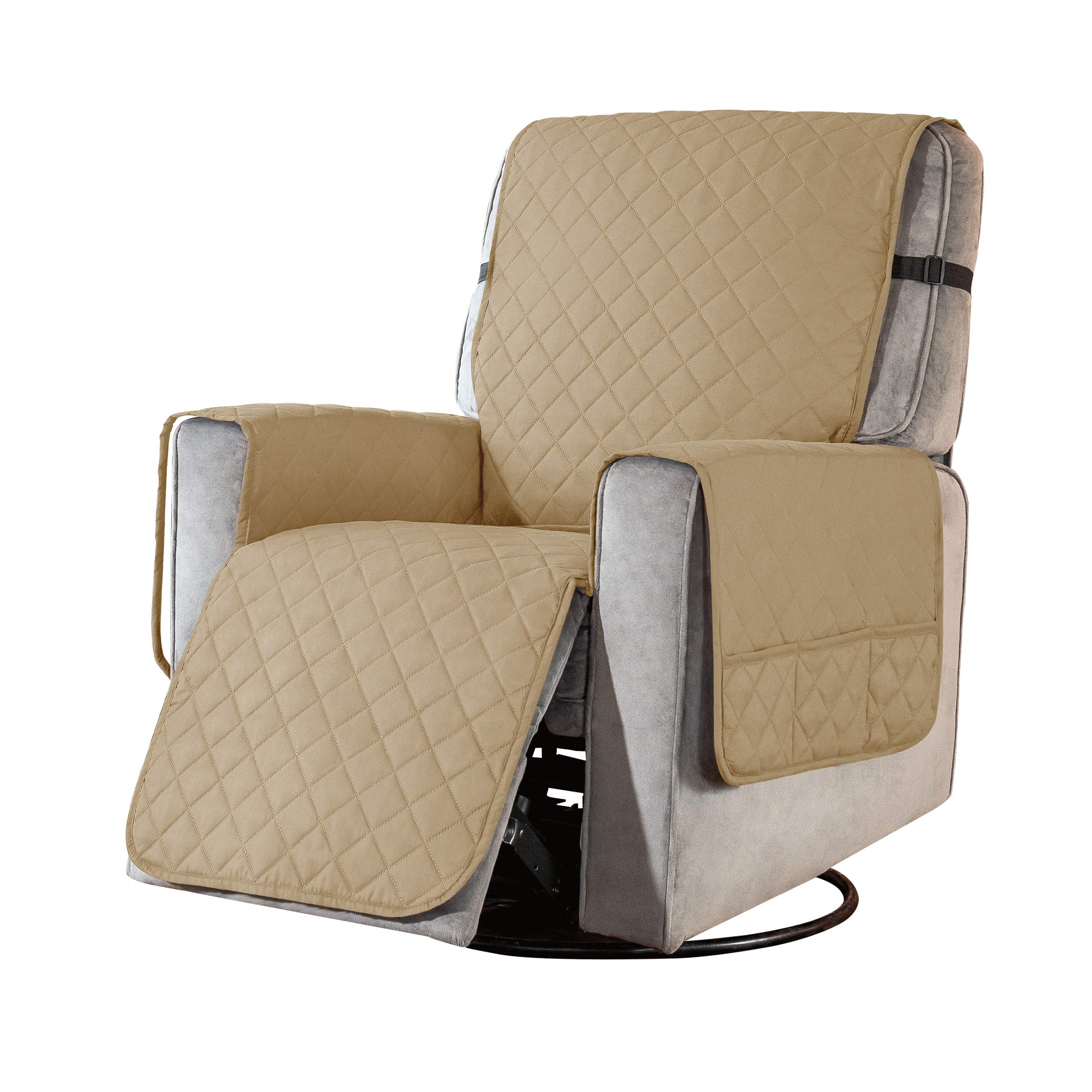 subrtex Recliner Chair Cover Fitted Small Sofa Slip Cover Seat Width to 25 Inch Reversible Washable Protector with Elastic Adjustable Strap for Home with Kids and Pets (Small, Khaki)