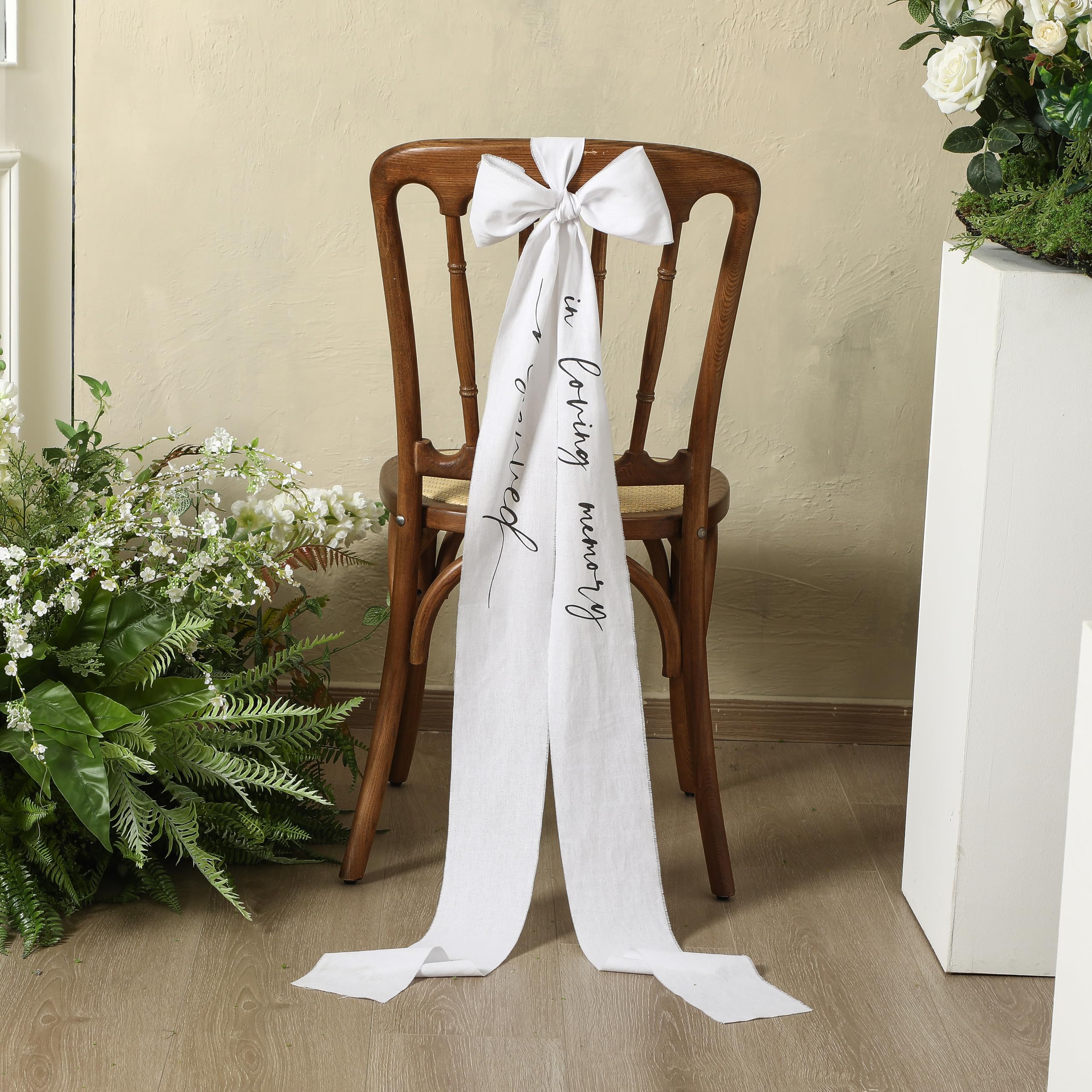 Photo 1 of SmoothNovelty in Loving Memory Wedding Chair Ribbon Sash 11 ft Memorial Reserved Chair Sign Wedding Bride Seating Ribbon Satin for Heaven Church Ceremony Decorations(Style 1,White)