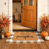 Fall Decor Door Mat Combo Set, 100% Coco Coir Welcome Mat + 28 x 43 Inches Coffee and White Plaid Rug - Fall Thanksgiving Front Porch Entryway Floor Doormat, Indoor Outdoors Autumn Mats Hello Pumpkin