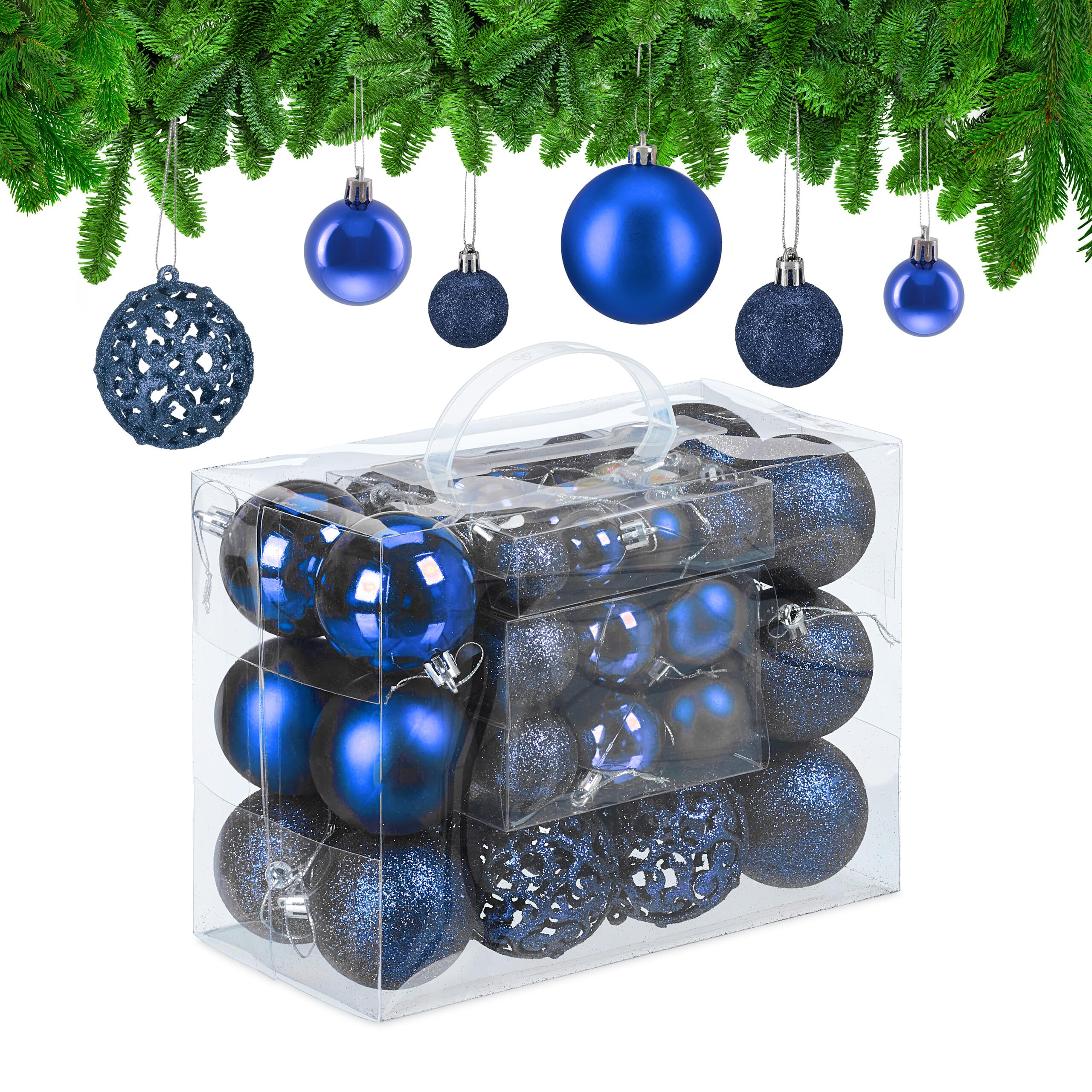 Relaxdays Christmas Bauble Set of 50, Glittery, Matt & Shiny Ornaments, Plastic Xmas Tree Balls, Ø: 3, 4 & 6 cm, Blue
