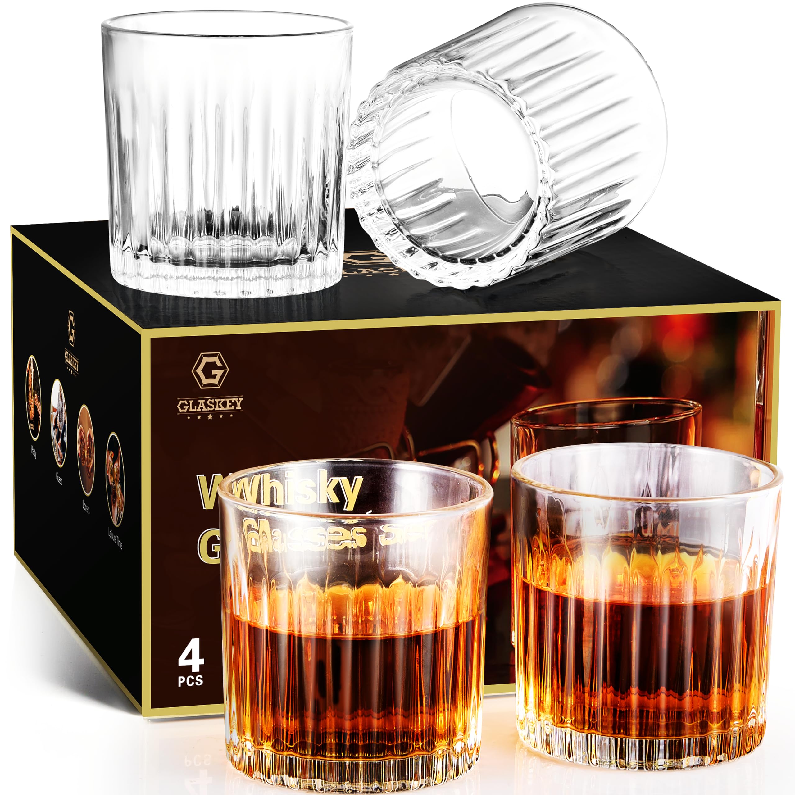 GLASKEY Whiskey Glasses Set of 4, 300ml Lead-Free Crystal Whiskey Tumbler, Old-Fashioned & Rock Glasses for Scotch, Rum, Bourbon,Whiskey Glasses Gift for Men