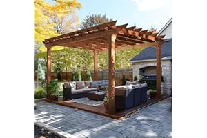 BlueWish 12’ x 14’ Cedar Wood Patio Pergola with Slatted Trellis Roof, Outdoor Pergola Backyard Gazebo with Solid Structure for Deck Yard Grill Party Garden