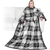 PAVILIA Sherpa Wearable Blanket with Sleeves and Pocket, Plush Thick Cozy Body Blanket Wrap for Adult Women Men, Christmas Gift for Wife Mom, Plaid Grey