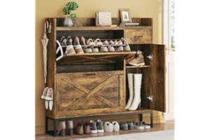 HUAHUU Shoe Storage Cabinet with 2 Flip Drawers & Side Cabinet & Drawer, Freestanding Shoe Organizer with Adjustable Shelves, Shoe Storage for Entryway, Hallway, Living Room, Brown