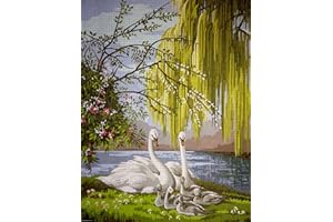 HUDEMAS Needlepoint Kit Printed Tapestry Canvas and Threads 16x12 inches (236 Swans)