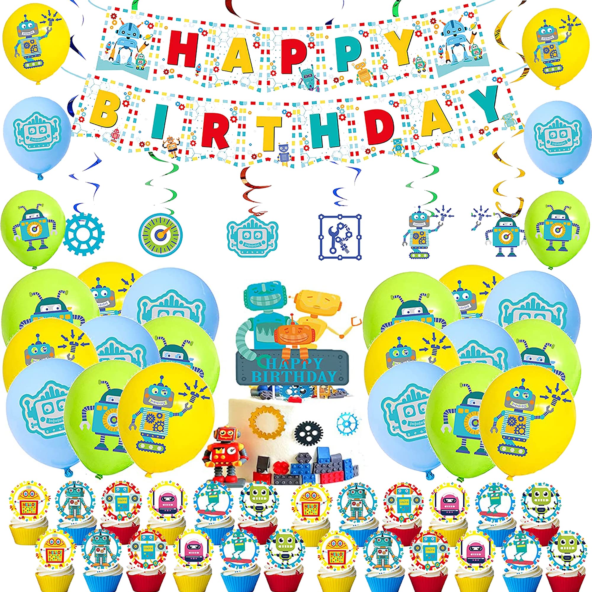 rosepartyh Robot Birthday Party Supplies Balloons Cupcake Toppers Happy Birthday Banner Cake Decorations Spiral Ornaments for Kids Robot Birthday Party Decorations