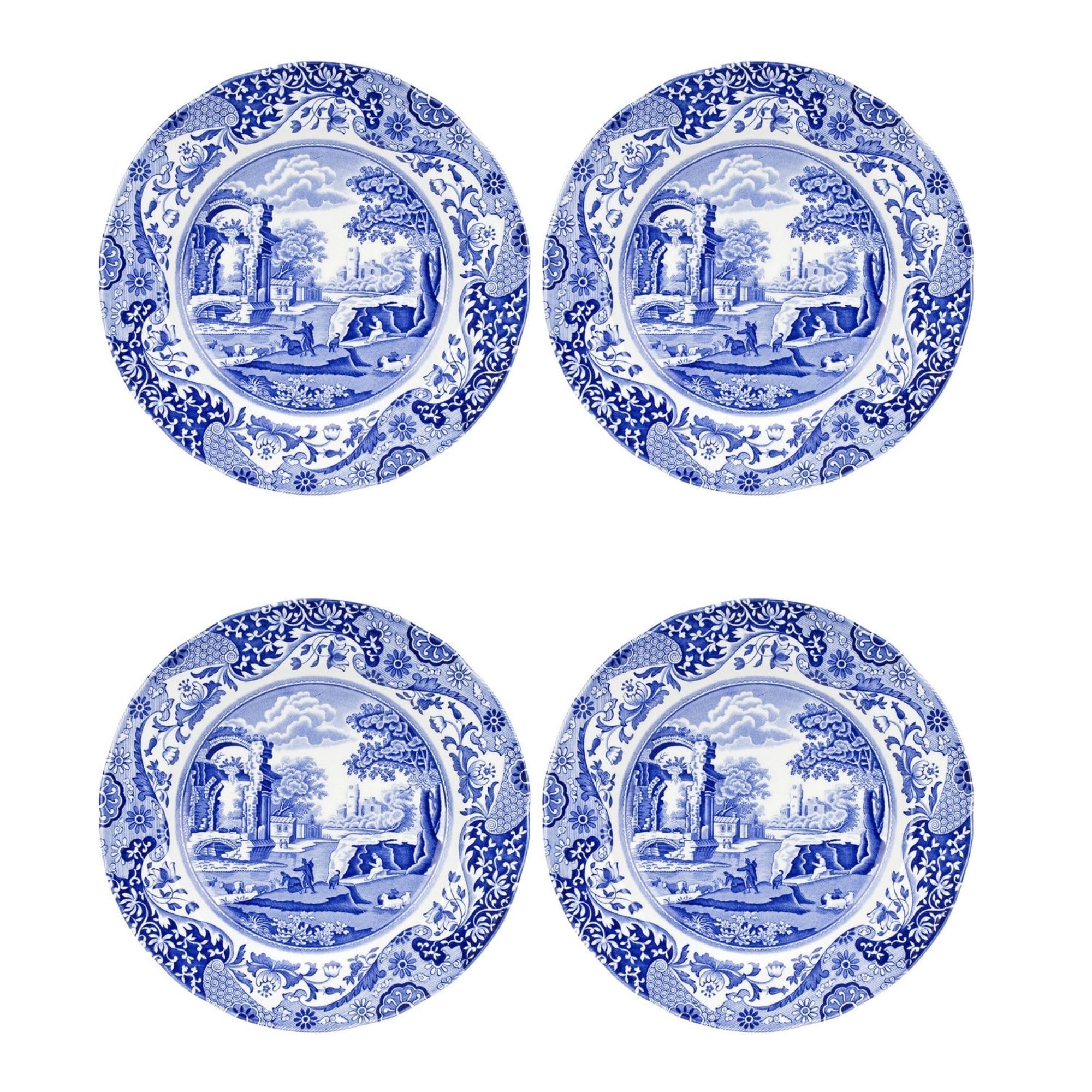 Blue Italian Spode x Set of 4 Luncheon Plates - Durable Made in England Earthenware, Dishwasher & Microwave Safe, Iconic Blue and White Design, Suitable for Everyday Use or Entertaining, 9 inch
