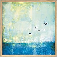SIGNWIN Framed Canvas Wall Art Birds Flying Over a Blue Ocean and Green Field Landscape Wilderness Oil Painting Abstract Rustic Scenic Dramatic for Living Room, Bedroom, Office - 16x16 inches