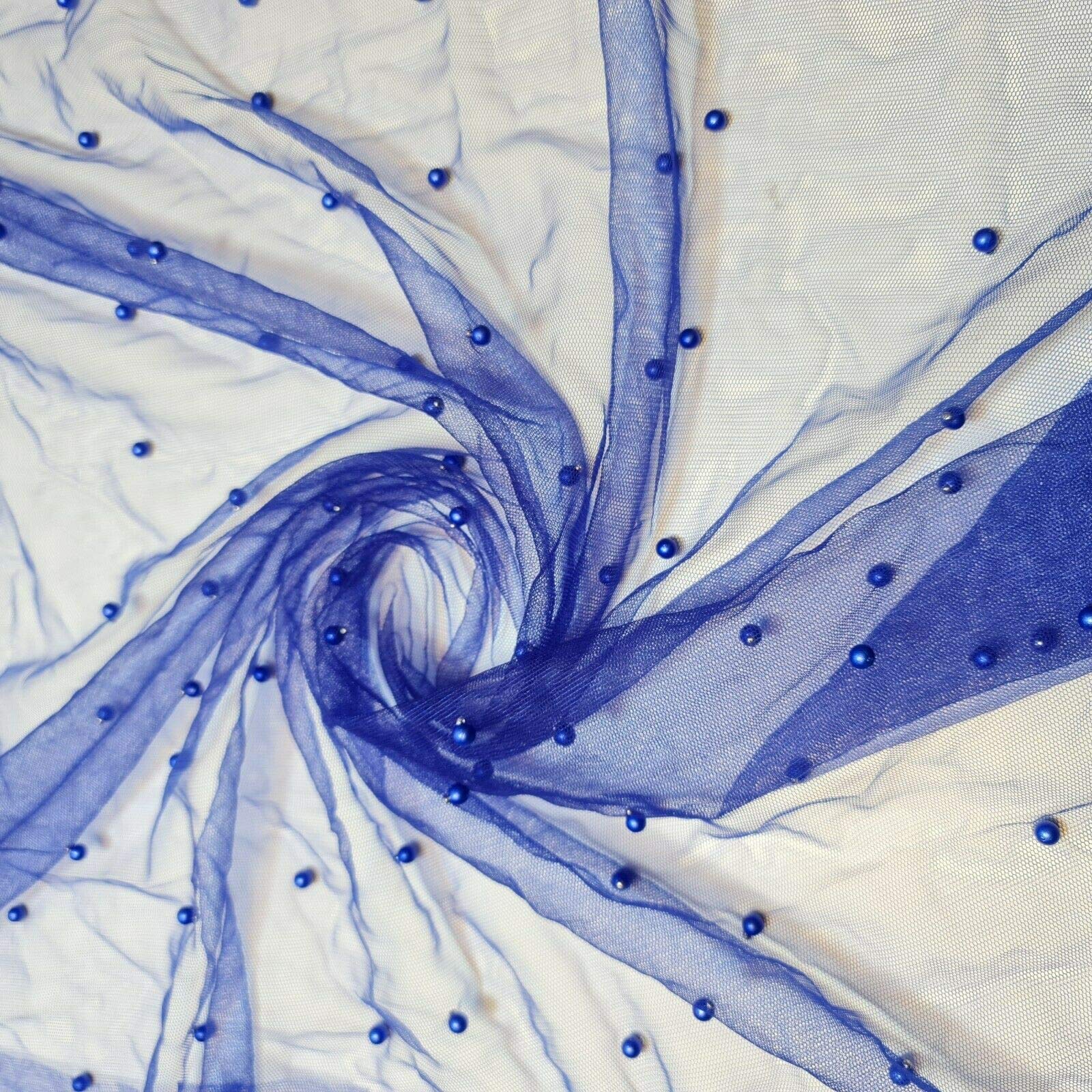 Textile Station 58" Wide Tulle Beaded Pearl Lace Net Fabric Bridal Veil Wedding Backdrop Décor Available in 25 Colours (Royal Blue, 2 Meter)