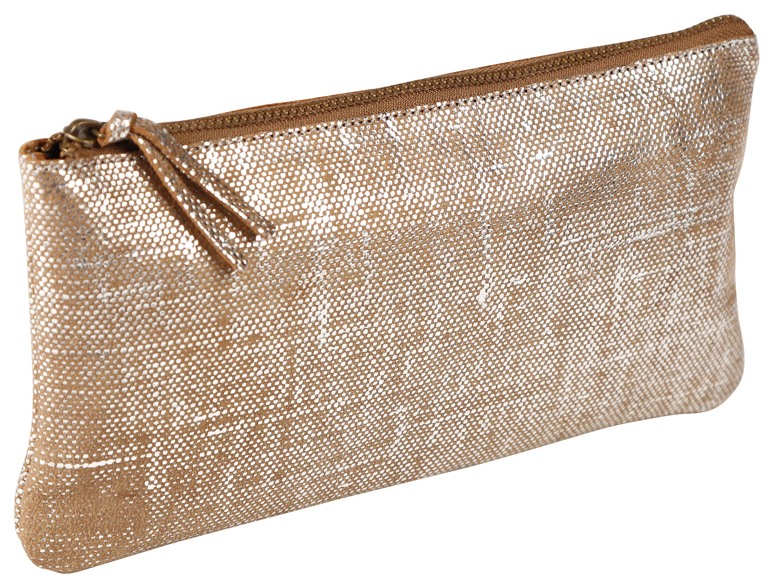 Clairefontaine - Ref 410038C - Kleo-Pathra' Leather Flat Pouch - 22 x 11cm, Made From Genuine Lambskin Leather, Metal Zip With Leather Puller - Silver