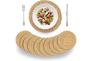 (4 Sizes: 12"-13"-14"-15") BARIEN Woven Placemats Round Set of 10, Natural Water Hyacinth Weave Placemat for Dining Table, Large Handmade Woven Placemats Heat Resistant Non-Slip (12" - Set of 10)