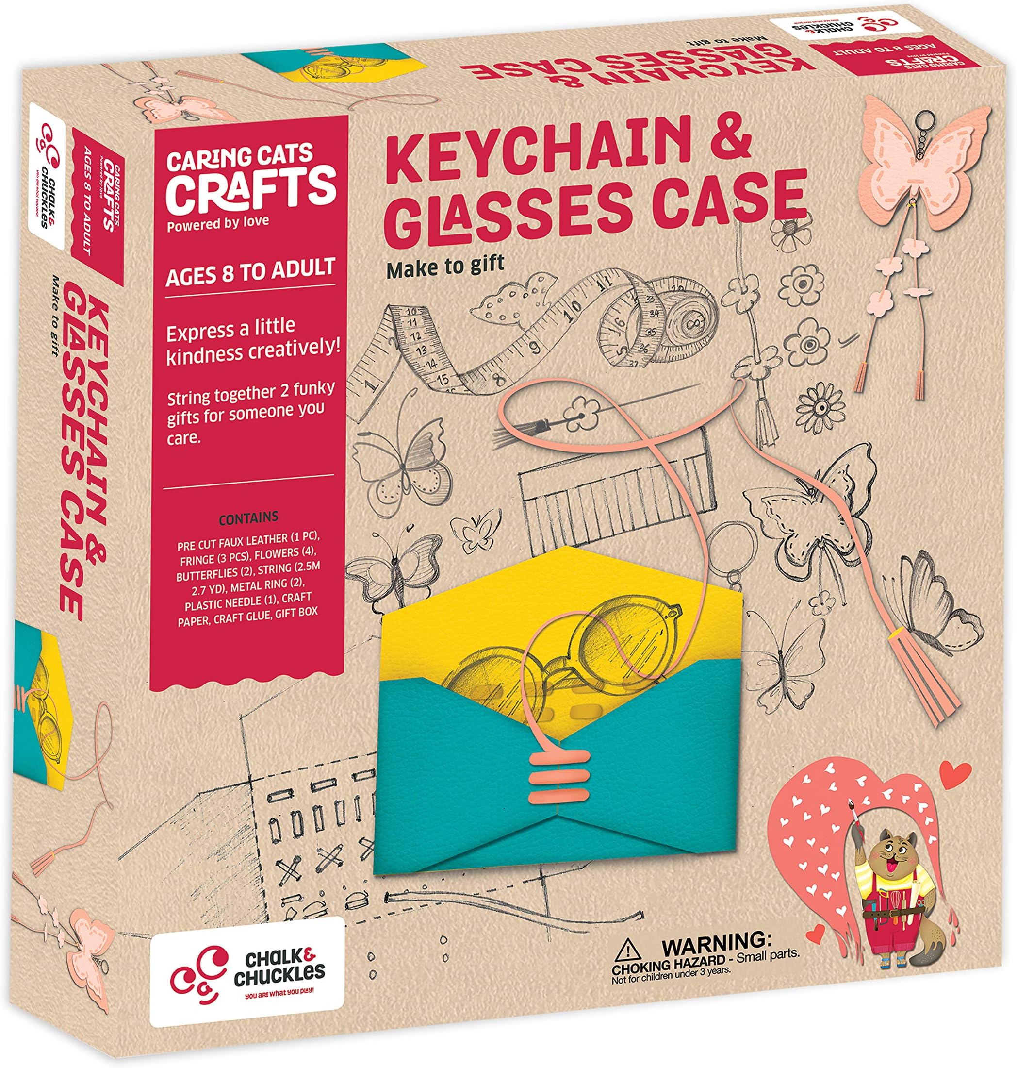 Chalk and Chuckles Art and Craft DIY Activity Kit - Butterfly Keychain and Case with Crafty Flowers and Strings Ages 7 to 12 Years Old