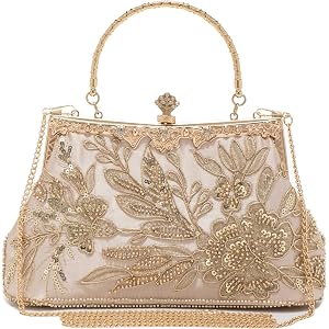 1920S Clutch Purses for Women, Beaded Evening Bag for Wedding, Formal Elegant Handbag with Top Handle and Removable Chain