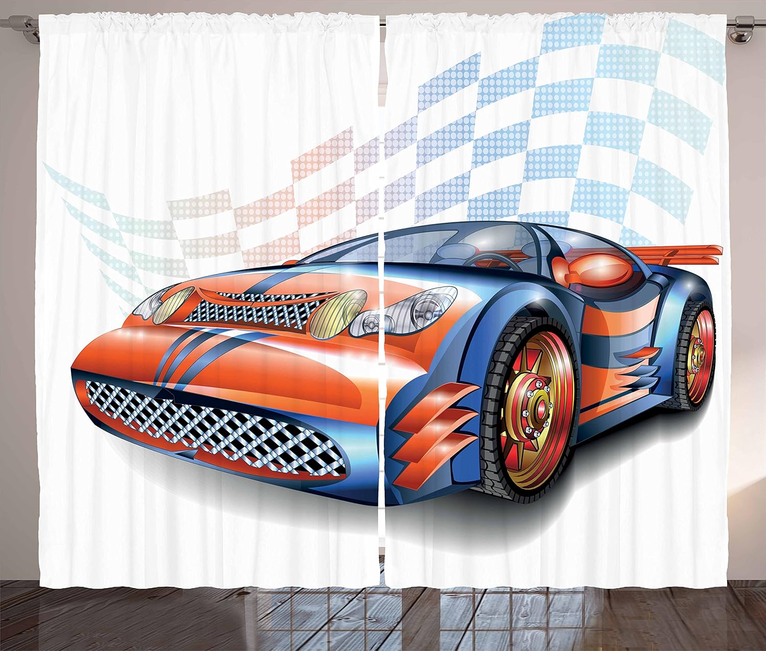 Ambesonne Cars Curtains, Cartoon Style Speeding Racing Car Event Championship Racetrack Victory Drive, Living Room Bedroom Window Drapes 2 Panel Set, 108