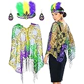 QLINLEAF Mardi Gras Shawl Scarf Costume Accessories Mardi Gras Outfit for Women Sequin Headband Poncho and Earrings Canival Party Favor