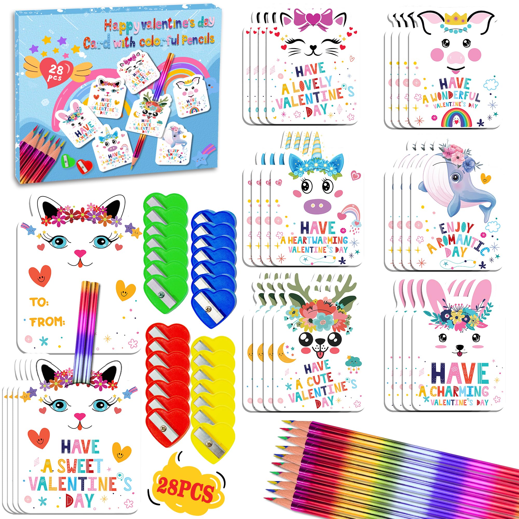 Photo 1 of 28 Pack Valentines Day Cards Gifts for Kids School, Greeting Cards with Rainbow Pencils & Pencil Sharpener, Cute Animal Classroom Exchange Cards, Valentine Party Favors for School Valentines Day
