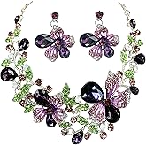 MMonesu Crystal Flower Bib Statement Necklace Set Chunky Diamond Flower Statement Necklace & Earrings Drama Bib Collar Jewelry Set for Women Prom Party Jewelry