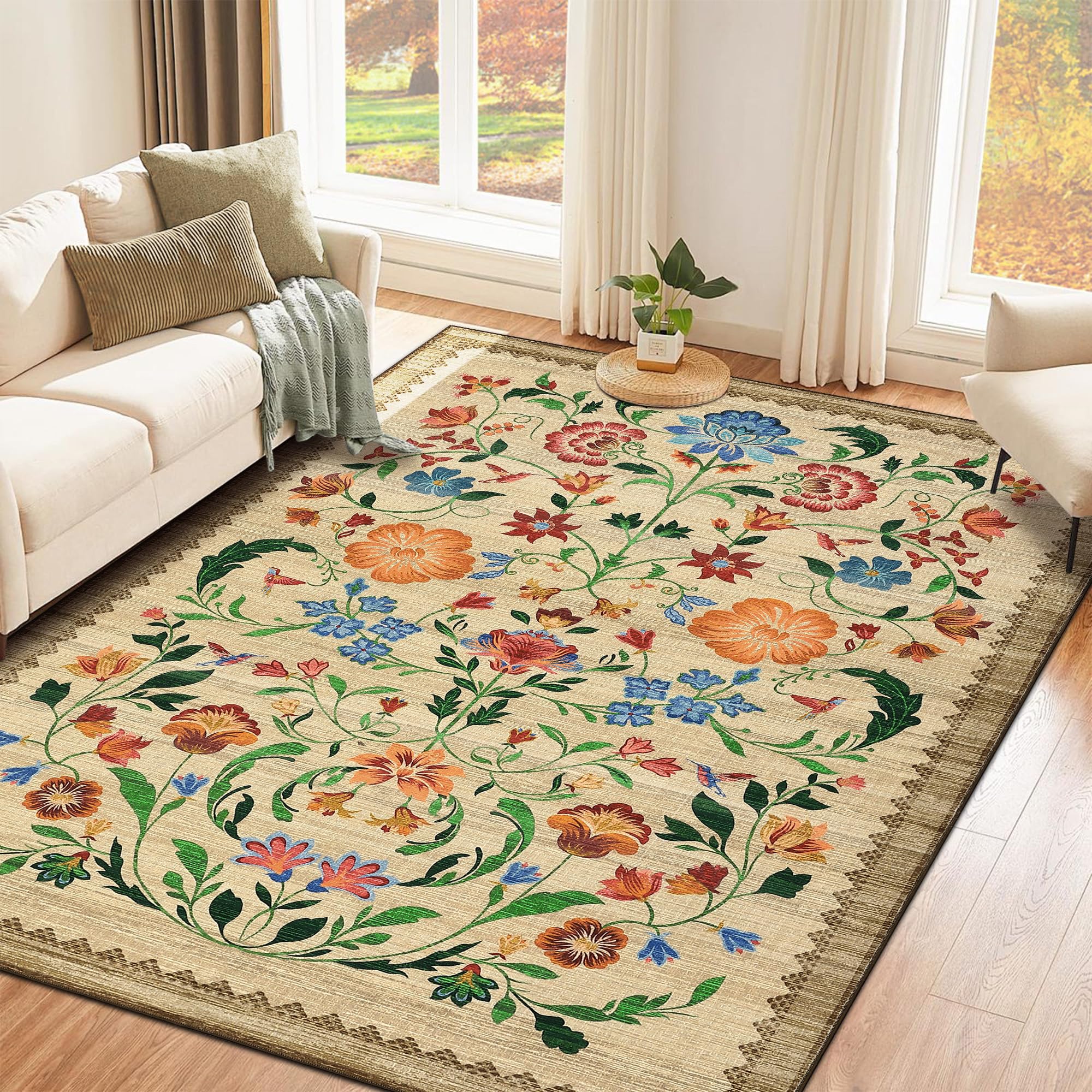 Photo 1 of GarveeHome Washable Rug 4x6 Area Rugs for Living Room, Floral Rug for Bedroom, Soft Boho Non Slip Throw Rugs with Rubber Back, Low Pile Stain Resistant Vintage Floral Carpet for Dining Room, Beige