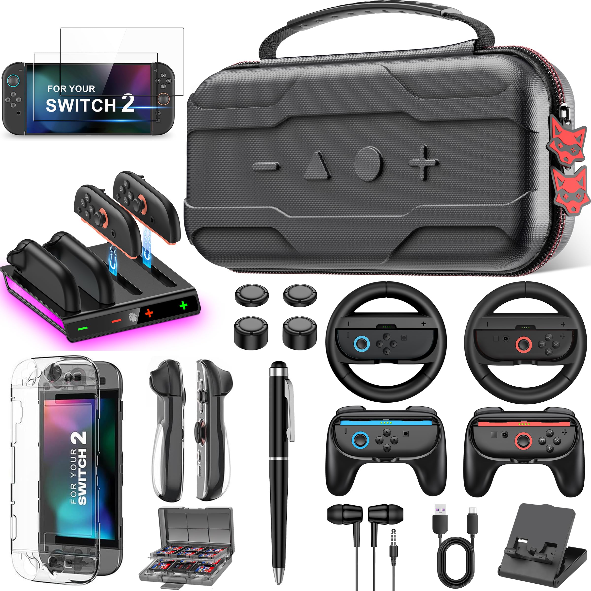 AXYBCOOL Switch 2 Accessories Bundle Kit 17-in-1 Compatible with Nintendo Switch 2025, Black Carrying Case with Joypad Charger, Screen Protectors, Steering Wheel, Grip and More Switch 2 Accessories