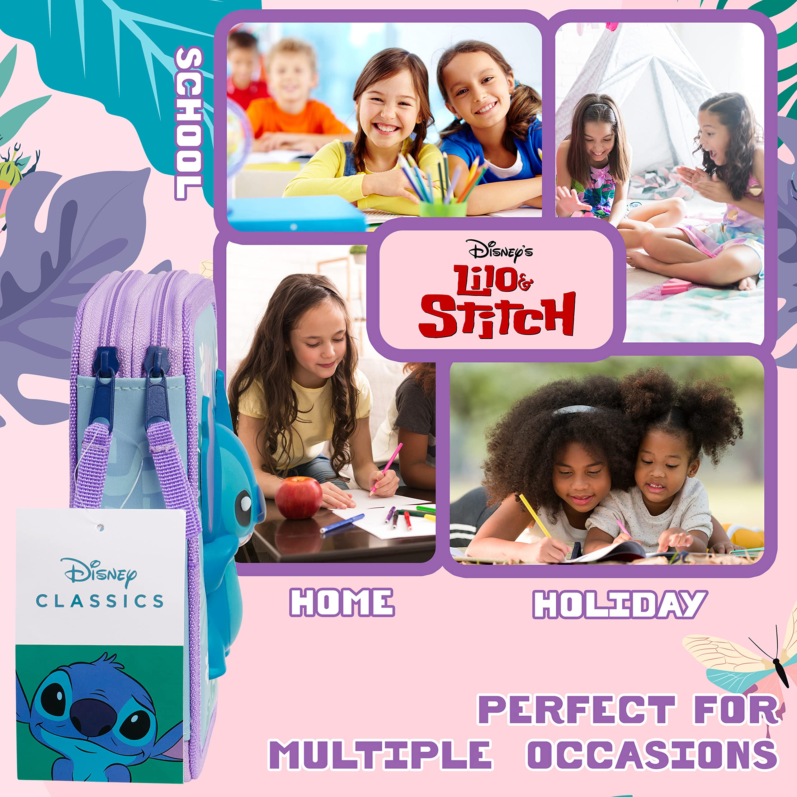 Disney Filled Pencil Case with Stationery for Kids, School Supplies Coloring Pencils, Markers - Gifts for Girls (Blue Stitch Double Zip)