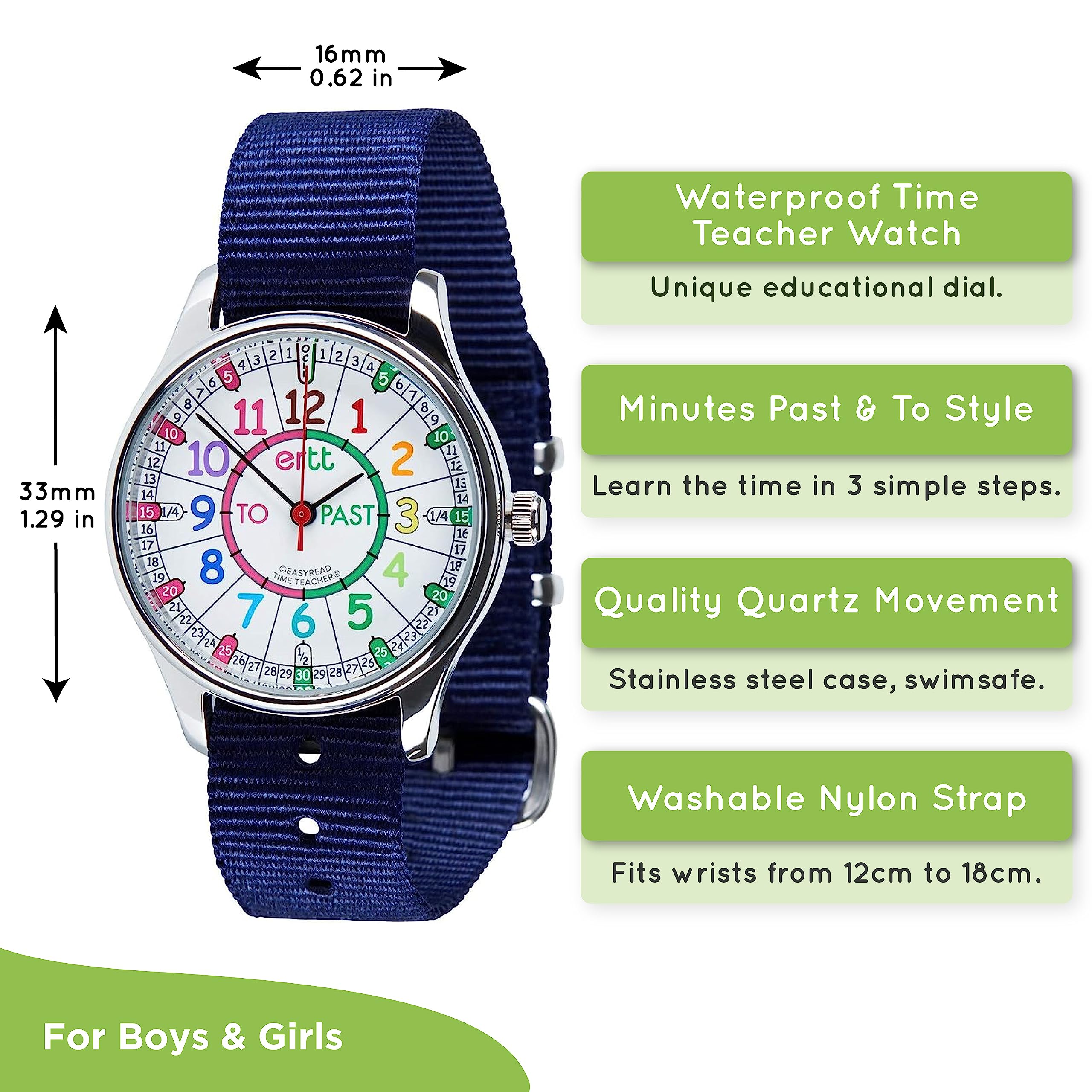 ertt EasyRead Time Teacher Waterproof Kids Watch - Watches for Kids - Learn to Tell The Time Watch for Boys & Girls - 3 Step Time Teacher Kids Watch - Past/to Dial - Analogue with Easy to Read Dial