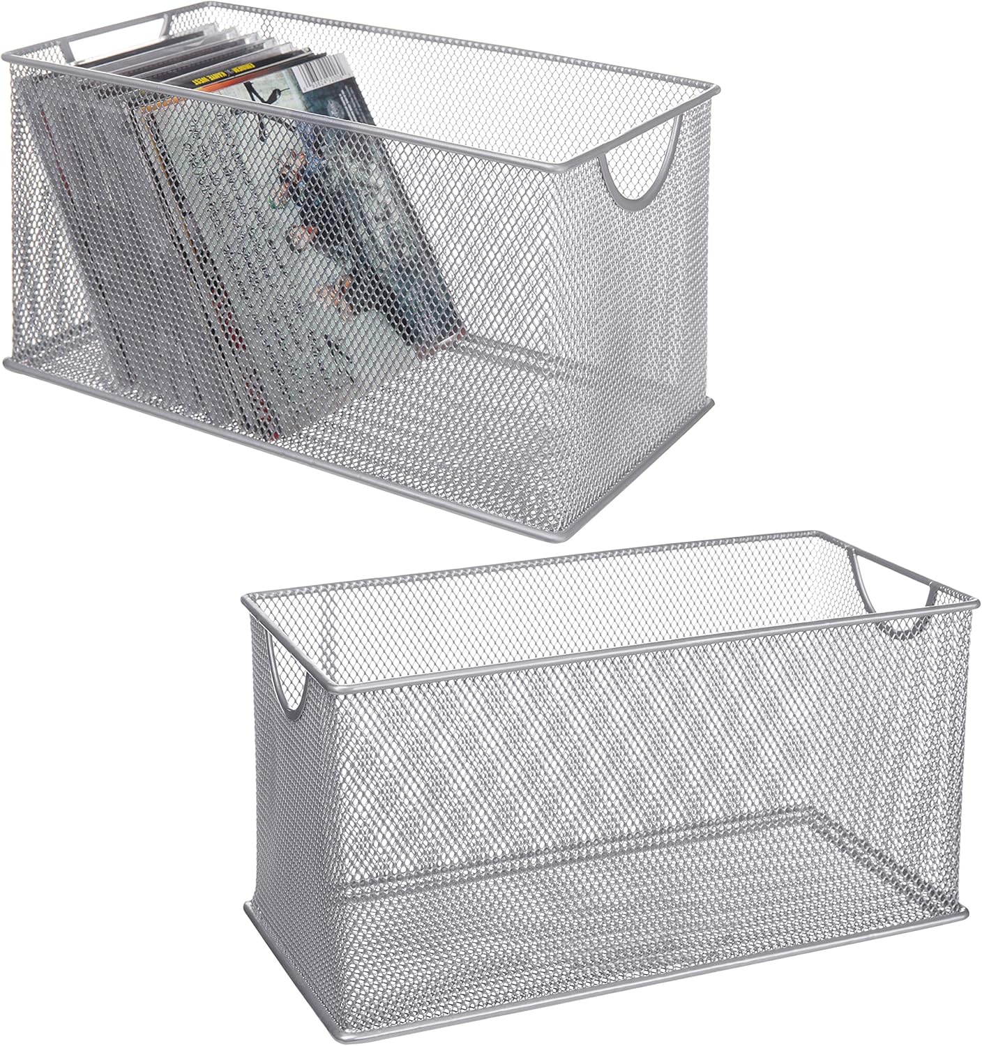MyGift Silver Mesh Metal Open CD Storage Bins, Set of 2
