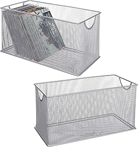 MyGift Silver Mesh Metal Open CD Storage Bins, Set of 2