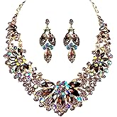 MMonesu Women Jewelry Set Rhinestone Crystal Green Bride Statement Choker Necklace Teardrop Cluster Dangle Earrings Set for Wedding Party