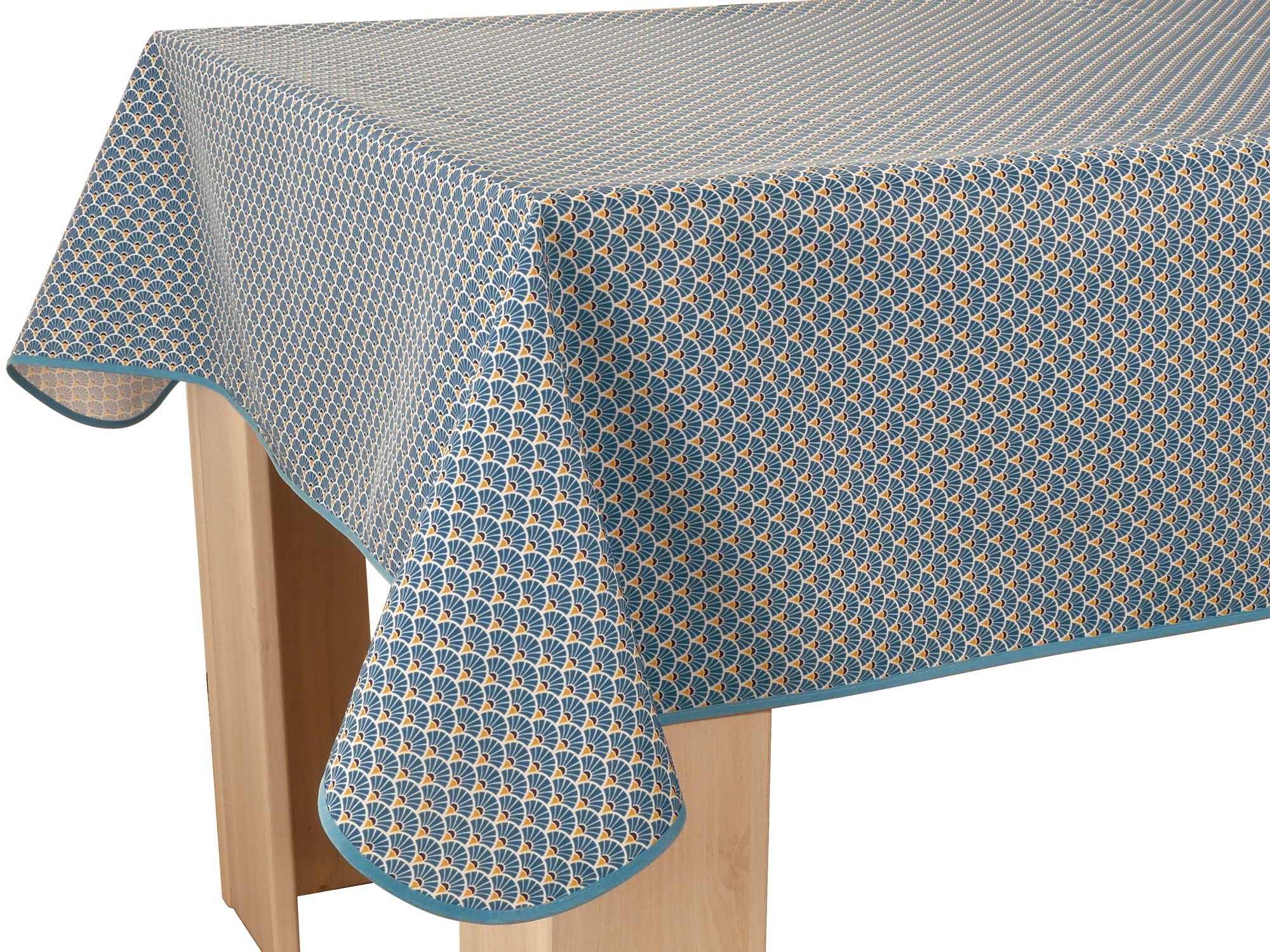 Le linge de Jules Stain-Resistant Tablecloth Peacock Dark Blue Rectangular 150 x 300 cm, Blue, Black, Saffron
