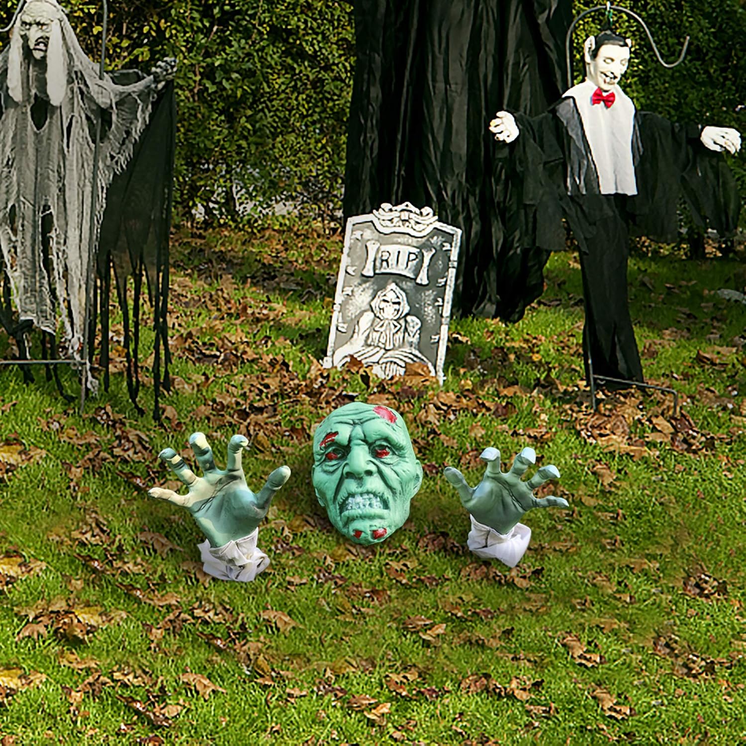 Halloween Decorations - Halloween Realistic Zombie Face and Arms Lawn Stakes - Plastic Green Skeleton Bone Head and Hands Garden Yard Stakes for Haunted House Graveyard, Cemetery, Coffin Party: Garden & Outdoor