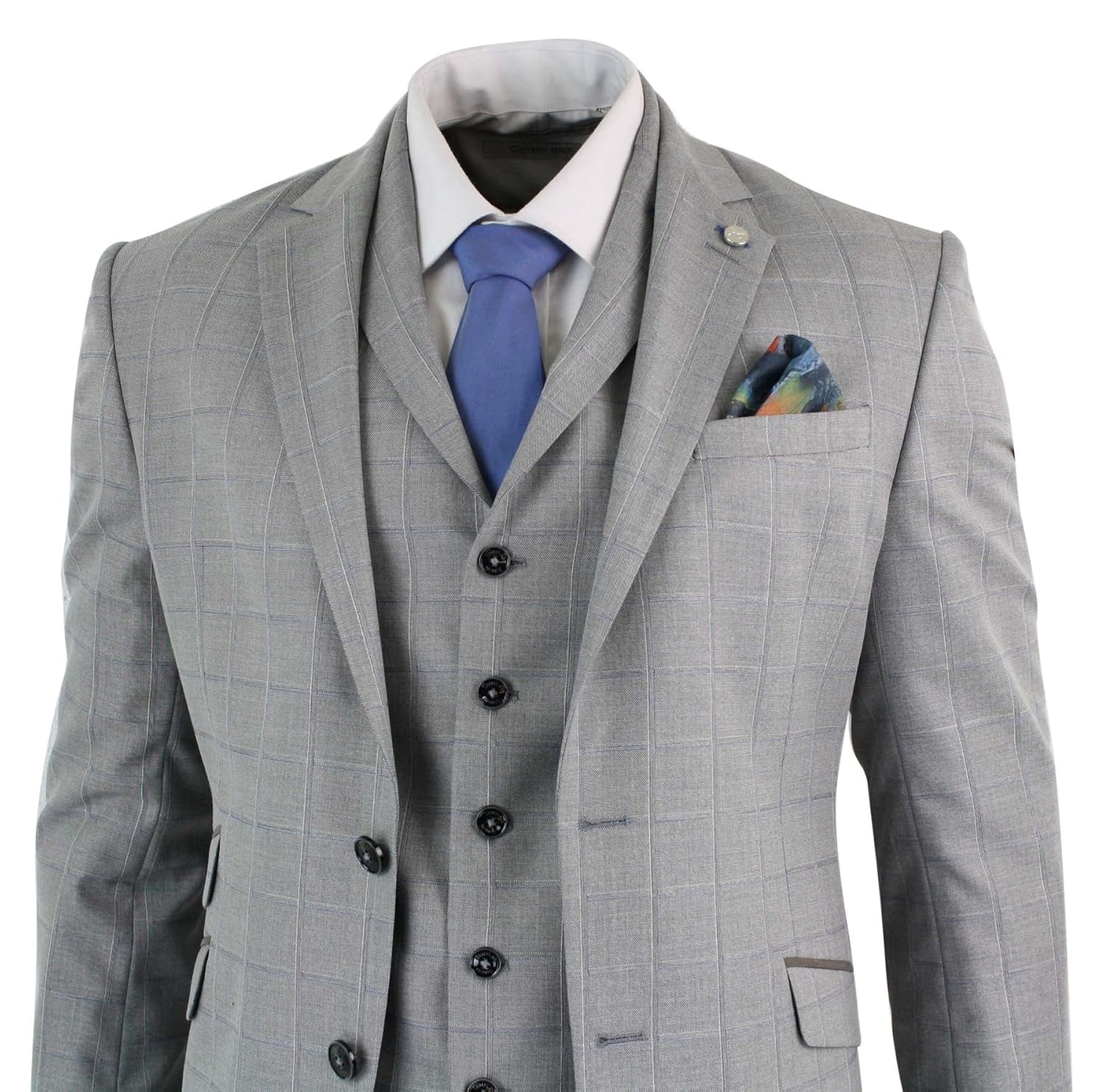 Simon Templer Mens 3 Piece Slim Fit Grey Blue Prince Of