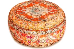 Mandala Life ART Moroccan Floor Cushion Cover - Unstuffed 24x8 inches - Round Orange Pouf Ottoman Case - Cotton - Boho Decor Accent Furniture