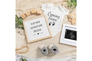 Canlierr 9 Pcs Pregnancy Announcement Set Pregnancy Reveal Ideas Felt Letter Board Baby Bodysuit Booties Photo Frame Bear Plush Wood Blocks for Coming Soon Baby Announcement(White)