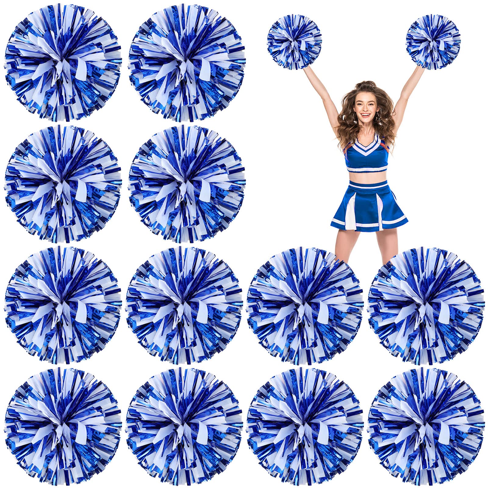 Photo 1 of Deekin 12 Pcs Cheerleading Pom Poms Cheerleader Squad Spirited Fun Pompoms 12 Inch Metallic Foil Cheer Pom Poms with Handle Flowers for Sport Team Dance Costume Party 50g Weight Each(Blue and White)