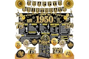 EIURTEAO 75th Birthday Decorations Kit for Men Women, Black Gold 24PCS Back in 1950 Banner Decorations , Vintage 1950 Banner Wooden Table Sign Poster Hanging Swirl Balloons Papar Fans Cheers to 75 years