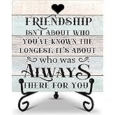 Friendship Quote Desk Sign, Friendship Isn't About Who You've Known The Longest Wooden Plaque Sign With Iron Stand, Christmas Birthday Gifts for Women Best Friends, Friend Sign Desk Decor for Home