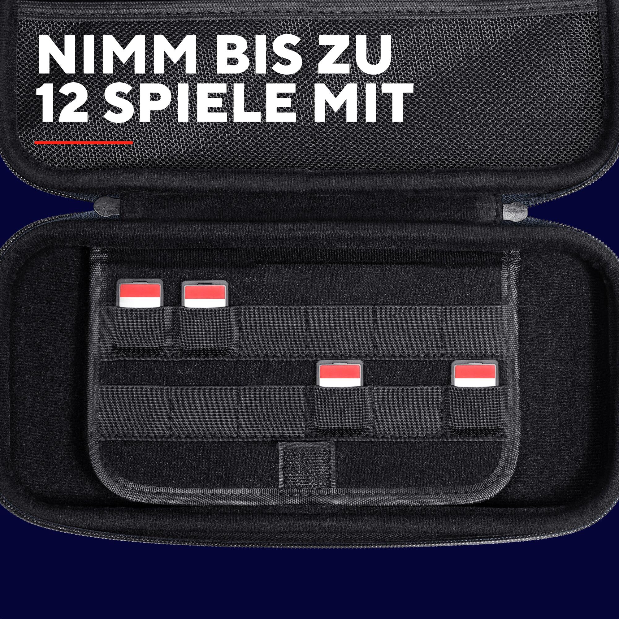 GXTrust 1251RB Tasche für Nintendo Switch 2, Switch Hülle mit Stoßfeste Design, Tragegriff, Aufbewahrung für 4 Joy-Con, Schutzhülle mit Tasche für Handgelenksriemen und 12 Spiele, Rot / Blau 4