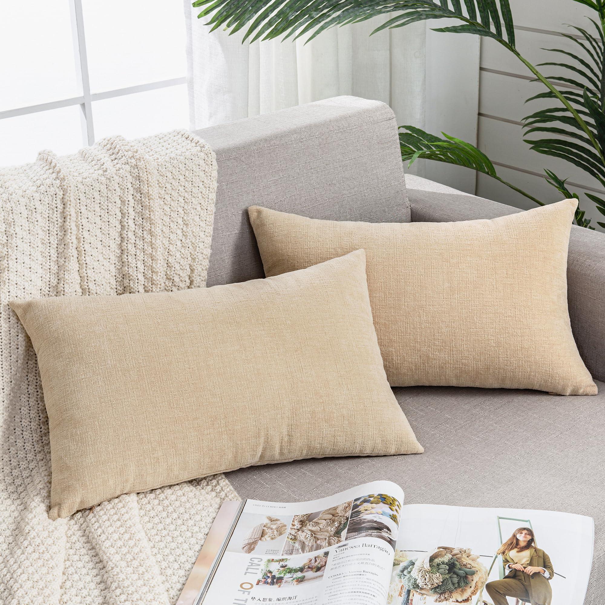 Photo 1 of *COVERS ONLY* GAWAMAY Decorative Rectangle Throw Pillow Covers 12"x20" Inch Set of 2, Soft Chenille Fall Lumbar Support Pillow Cases for Living Room Bedroom Sofa Couch Cushion Cover Beige 30x50cm (No Inserts)