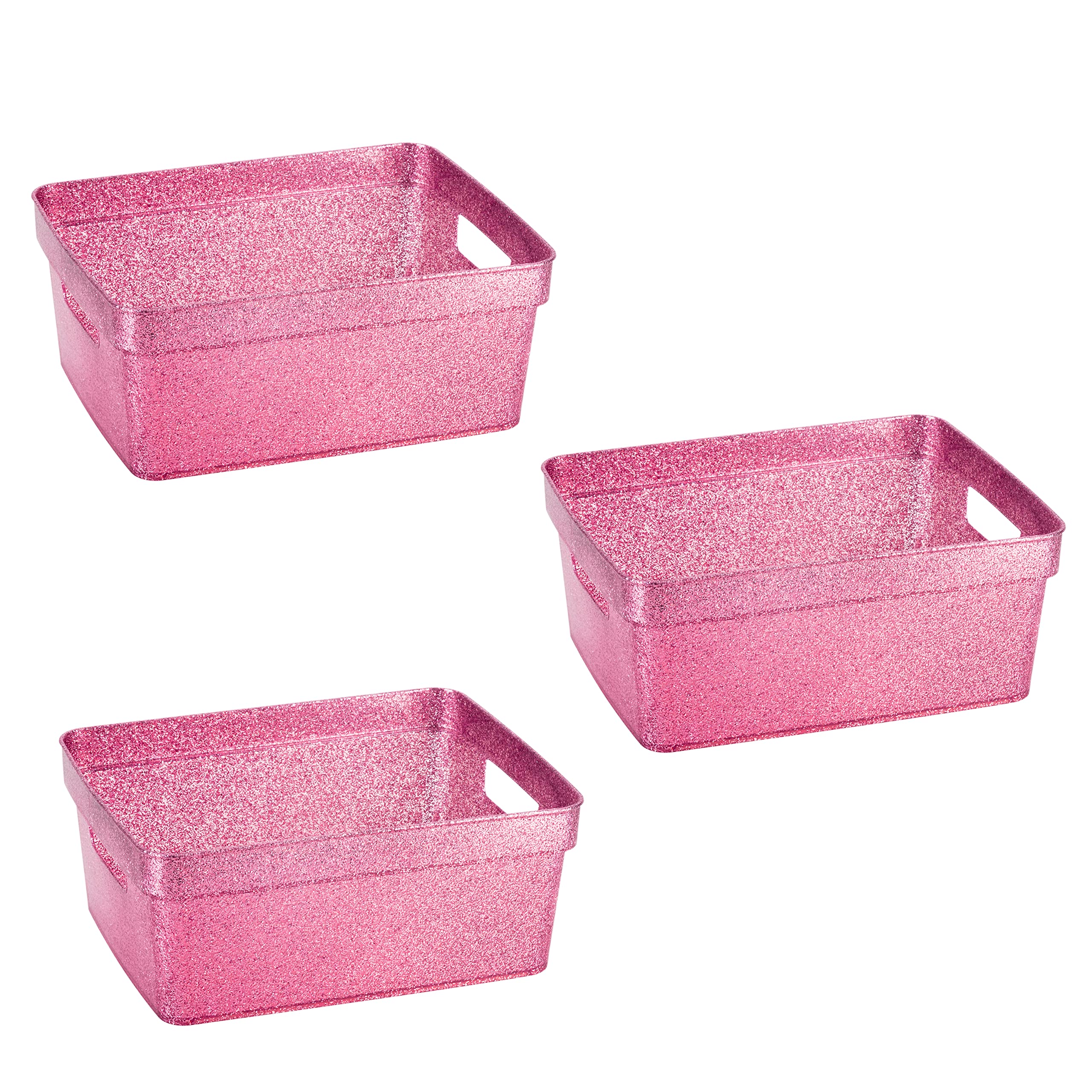 Photo 1 of Simplify 3 Pack Small Glitter Tote Bin | Home Storage Basket | Bathroom and Office Organization | Multipurpose | Lightweight | Carrying Handles | Pink