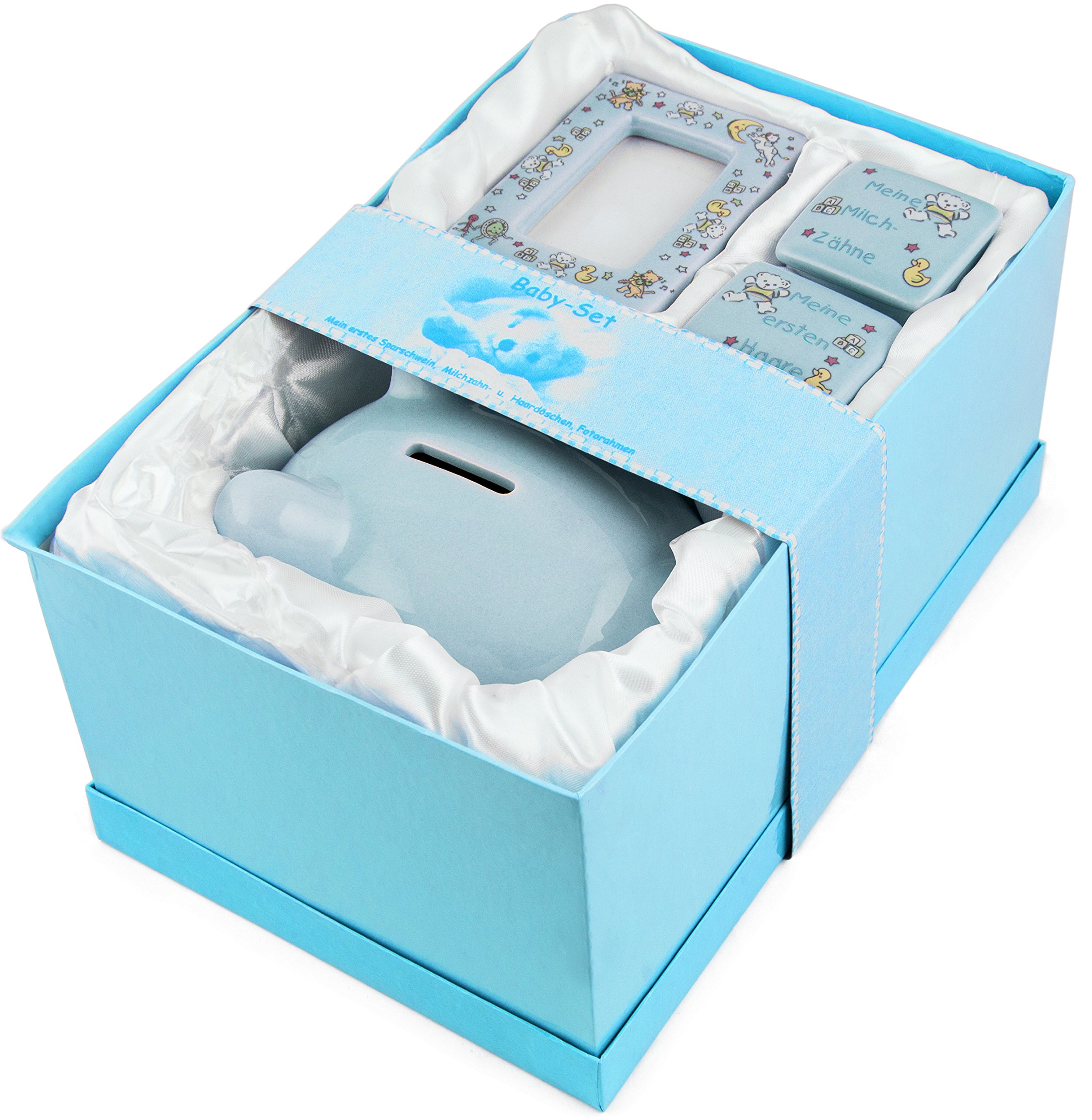 BRUBAKER 4 Pcs. Baby Boy Keepsake Gift Set with Piggy Bank, Tooth and Curl Box and Photo Frame Blue - German