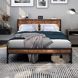 DUMEE King Size Bed Frame with Storage Headboard Black Brown Oak