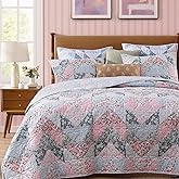 BLOOMHAVEN Quilt Set Queen Size, Patchwork Pink Floral Quilt Sets, Reversible Bedspread Lightweight and Breathable for All Seasons, Soft Quilted Bedspread with 2 Pillow Shams