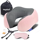 napfun Neck Pillow for Traveling, Upgraded Travel Neck Pillow for Airplane 100% Pure Memory Foam Travel Pillow for Flight Headrest Sleep, Portable Plane Accessories, Pink Striped Kit