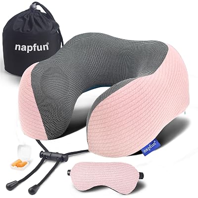 napfun Neck Pillow for Traveling, Upgraded Travel Neck Pillow for Airplane 100% Pure Memory Foam Travel Pillow for Flight Headrest Sleep, Portable Plane Accessories, Pink Striped Kit