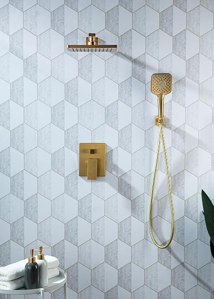 CASTA DIVA BRUSHED GOLD RAIN SHOWER HEAD SYSTEM WITH HANDHELD SPRAY COMBO, SHOWER DIVERTER AND BRASS VALVE TRIM KIT, FAUCET SET, WALL MOUNTED, SQUARE