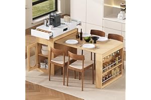 Extendable Kitchen Island, Rolling Dining Table with Glass Door Cabinet, Hidden Drawers & Shelves, Folding Drop-Leaf Sideboar