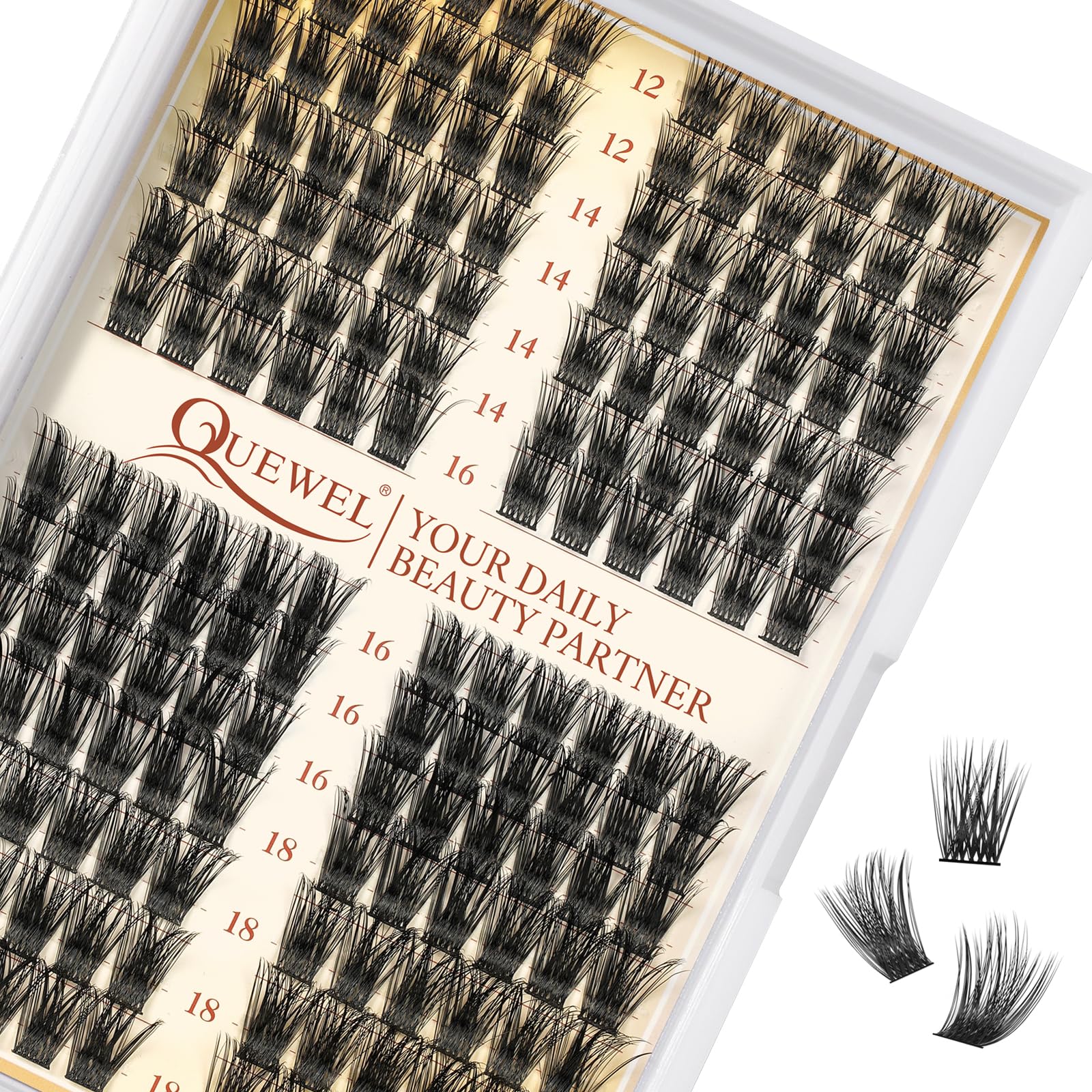 Cluster Lashes QUEWEL Individual Eyelashes 168 Pcs Lash Clusters Thin Band Cluster Eyelash Extensions C Curl MIX12-18mm Volume False Eyelashes Soft & Light For Home Use（QU34 C MIX12-18） — image 1