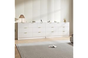 NOVAMAISON White Dresser Set of 2, Long Dresser for Bedroom Wooden with 14 Drawers, Fluted Modern Bedroom Furniture Set, TV Stand Dressers & Chests of Drawers for Closet (15.7"D x 110.2"W x 31.8"H)