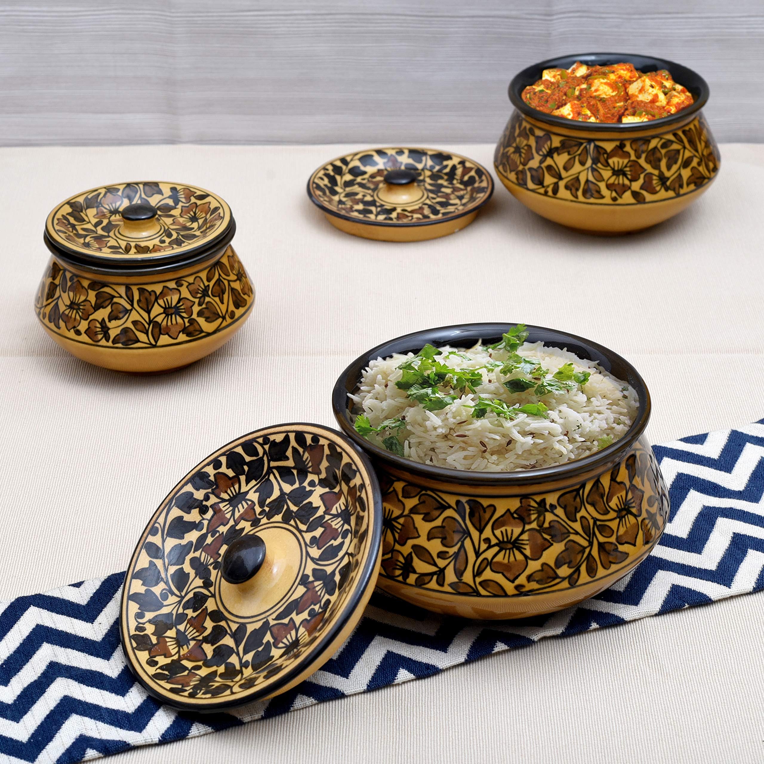 Tashveen Articles Stoneware Mughal Handies Set of 3, 1200, 800, 500 ml, 3 Piece (Brown) Serving Set Bowl Set Dining Tableware Casserole